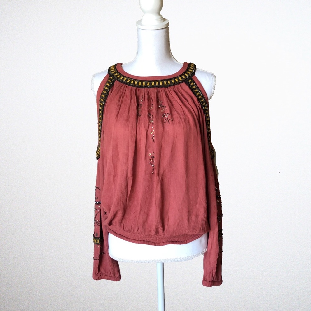 Free People Beaded Cold Shoulder Embroidered Top